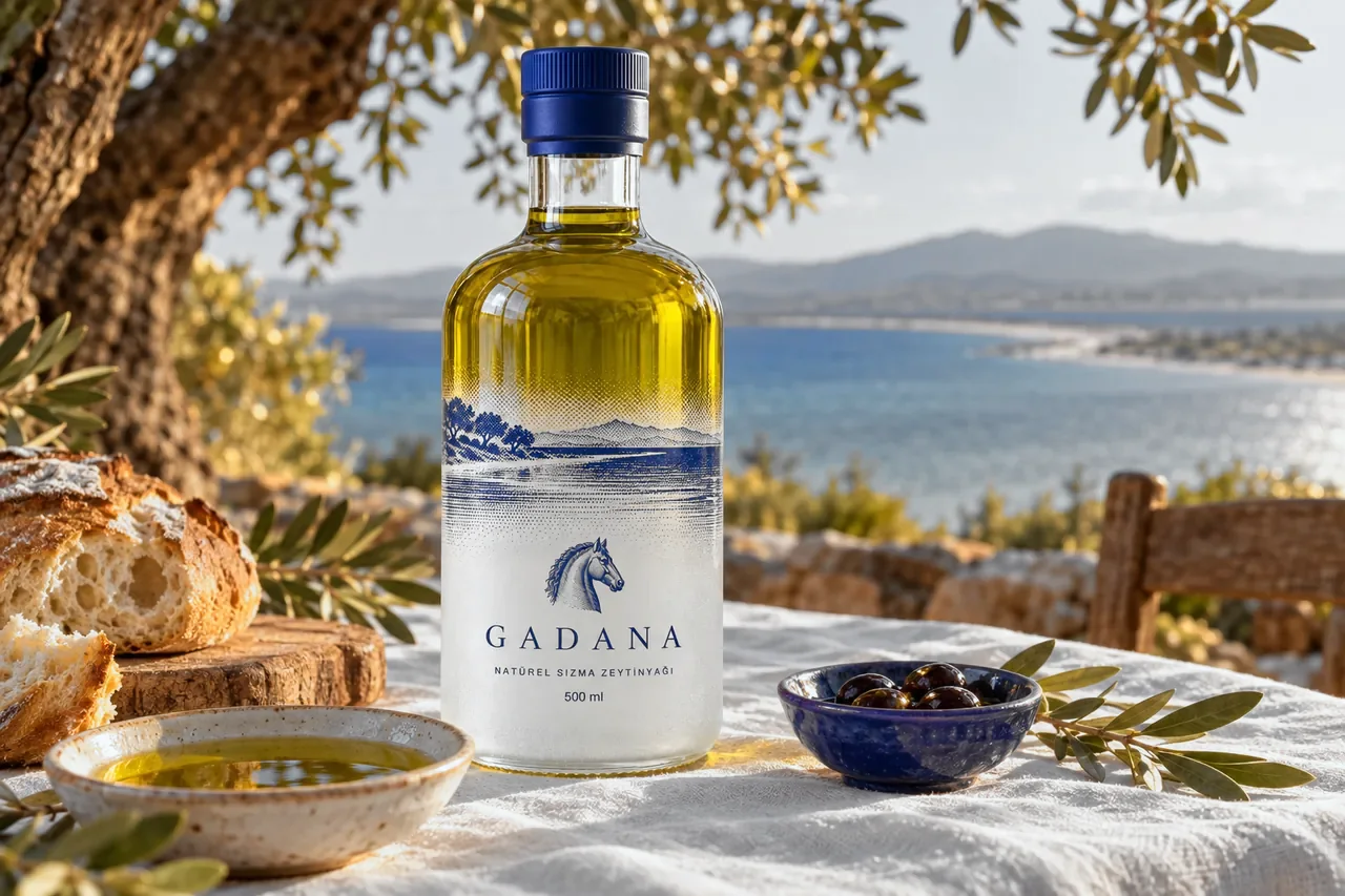 Zeytin ağacının altında sofrada duran zeytinyağı şişesi